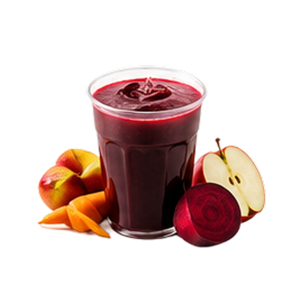 Apple Beet Carrot juice made with apples, beets, carrots, ginger, spinach, and kale.