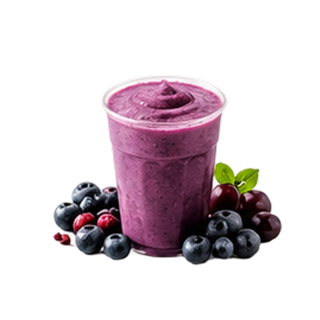 Purple Haze Protein Shake blended with blueberries, banana, honey, and almond milk.